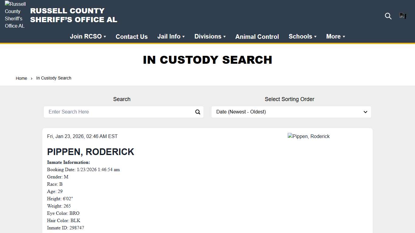 In Custody Search Russell County Sheriff’s Office AL