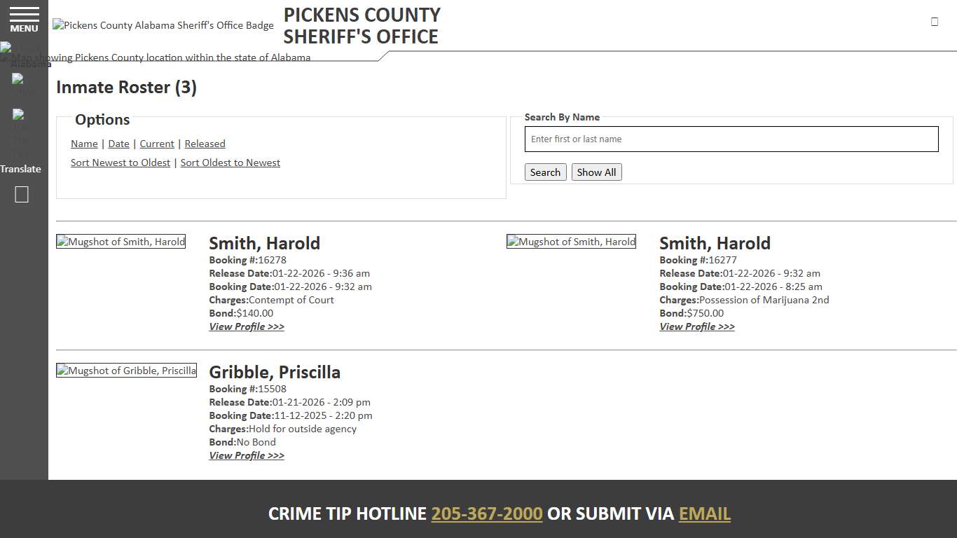 Inmate Roster - Released Inmates Booking Date Descending - Pickens County Alabama Sheriff's Office